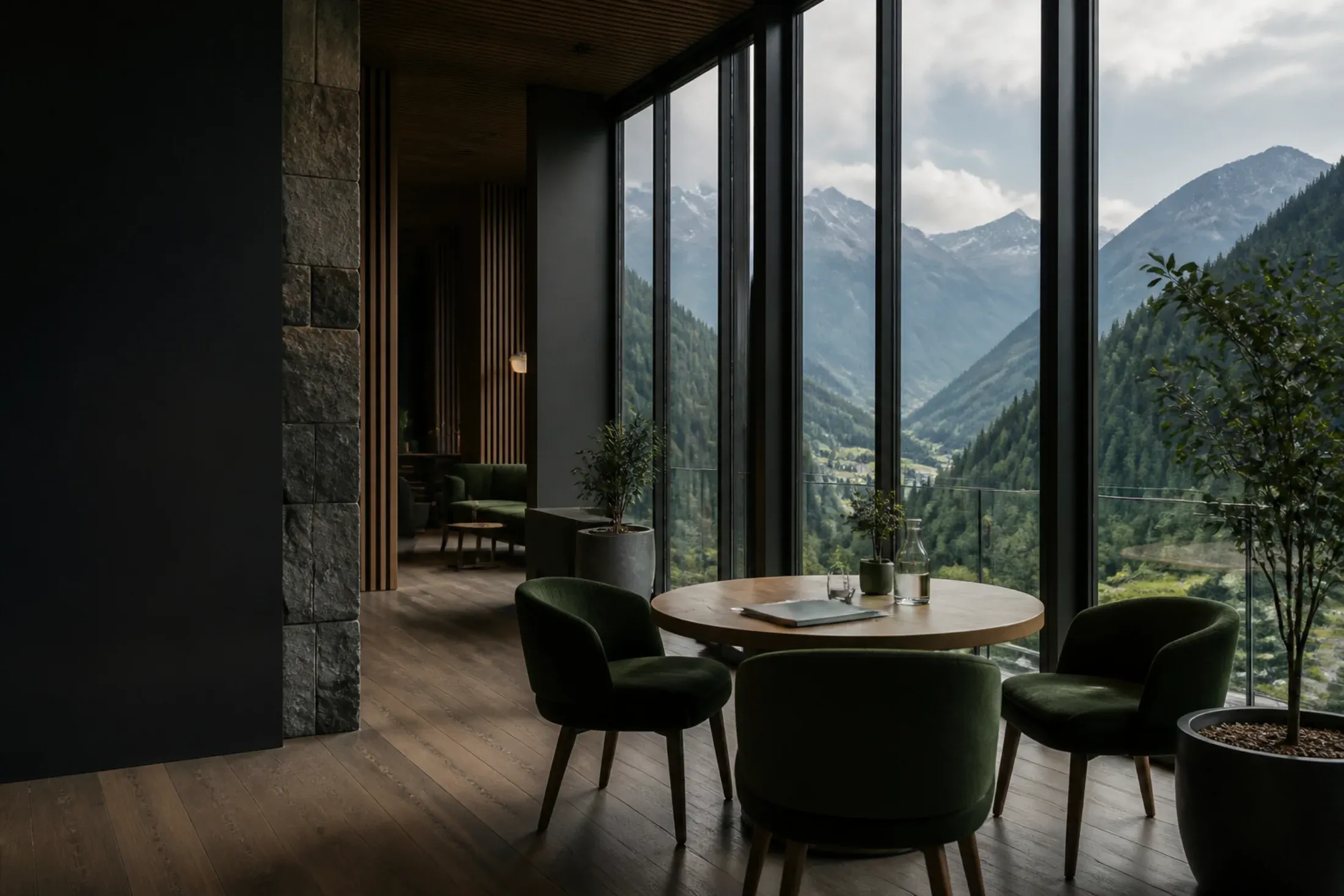 Ruhige Hotellounge mit Besprechungstisch und Blick in ein Schweizer Alpental