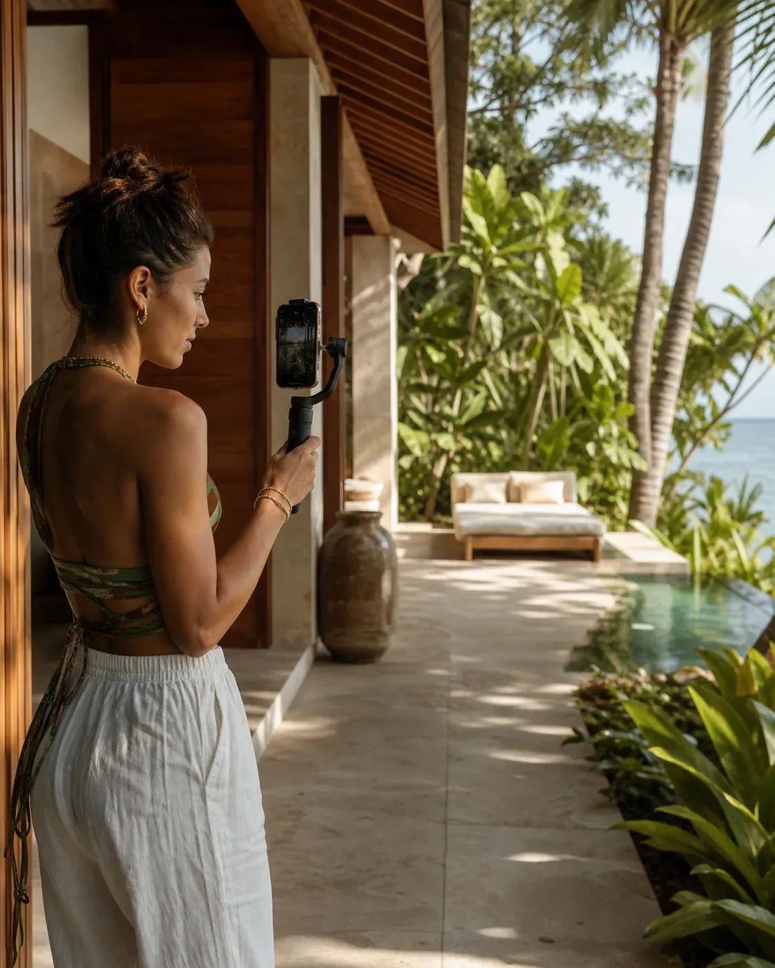 Creatorin nimmt in einem tropischen Boutiquehotel ein Hospitality-Video auf