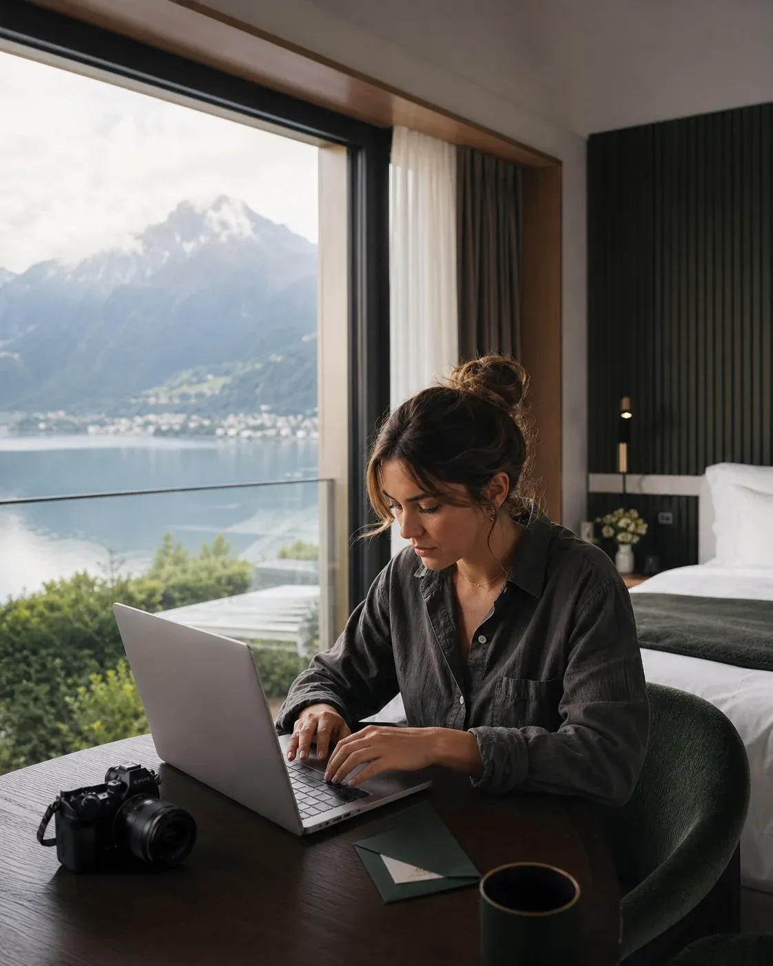Creatorin bereitet in einer Schweizer Hotelsuite eine Hotelempfehlung für ihre Audience vor