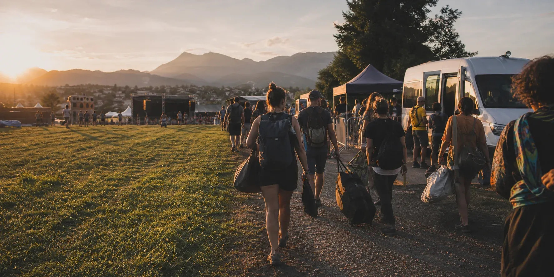 Festivalgäste kommen mit Gepäck an einem Open-Air-Event in der Schweiz an