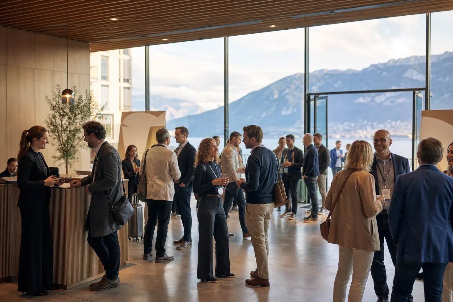 Gäste treffen sich bei einem Business-Event in einer Schweizer Hotel-Location mit Seeblick