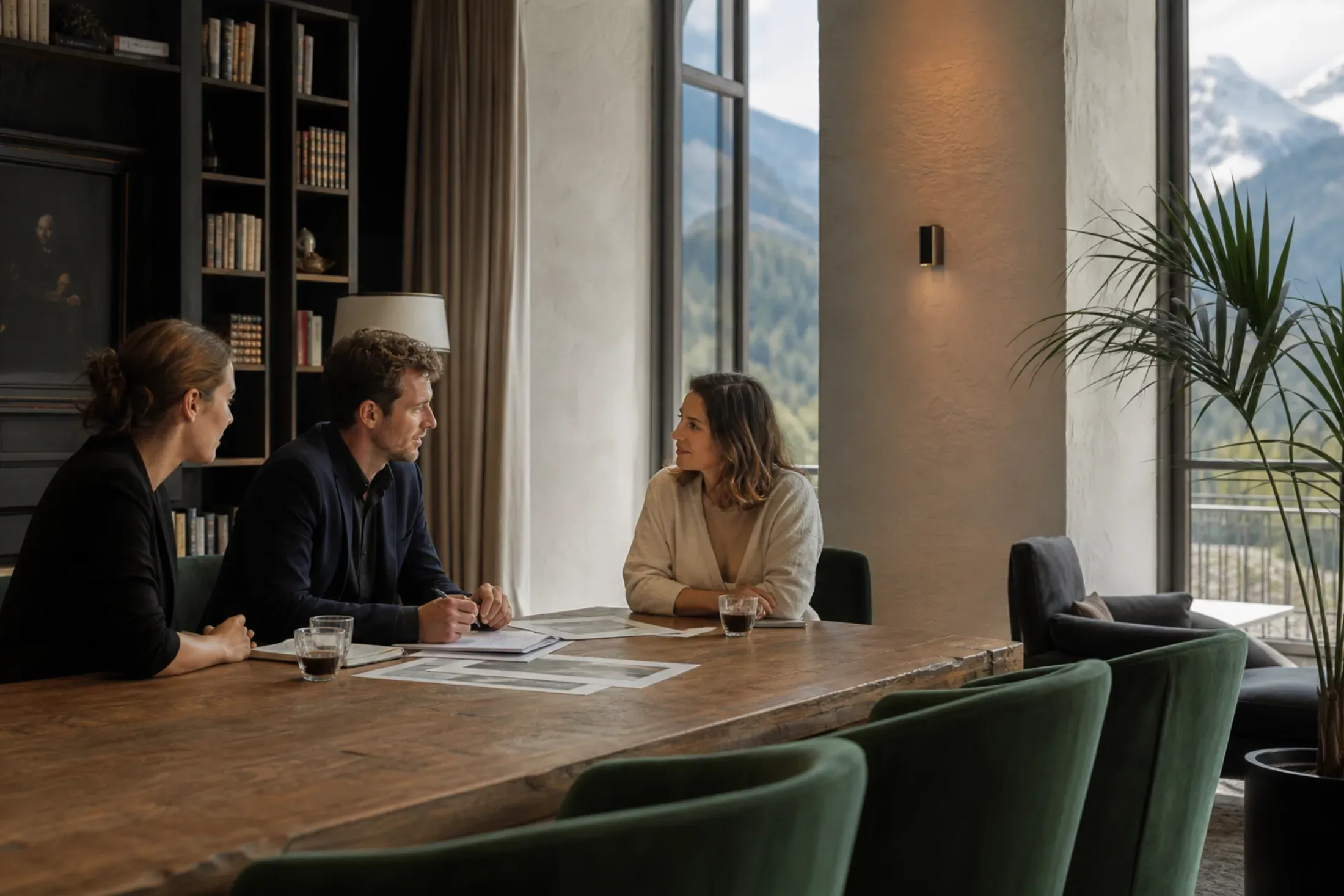 Drei Personen im Gespräch in einer ruhigen Hotel-Lounge