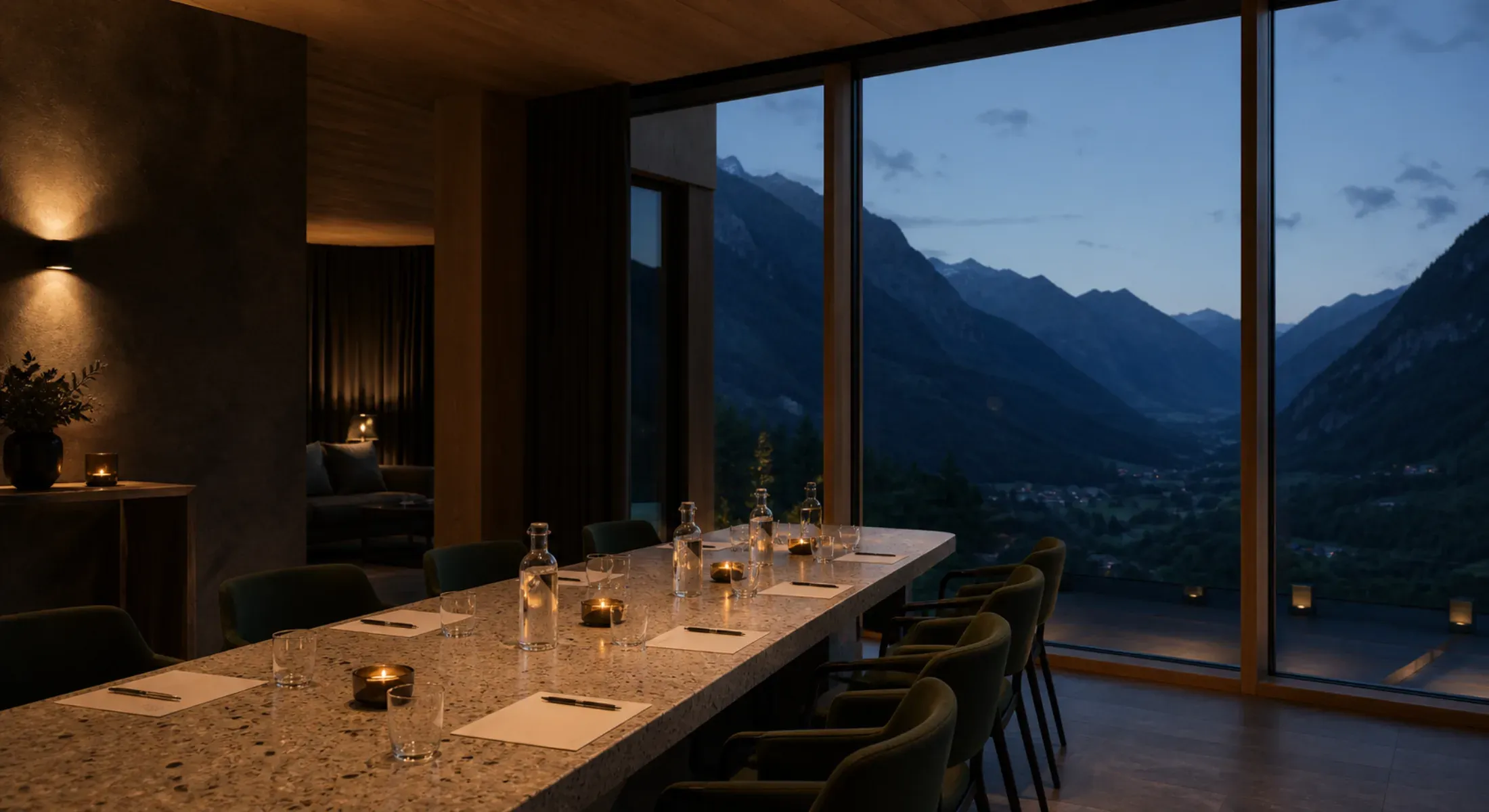 Vorbereiteter Anlass in einem Schweizer Boutiquehotel bei Abendlicht