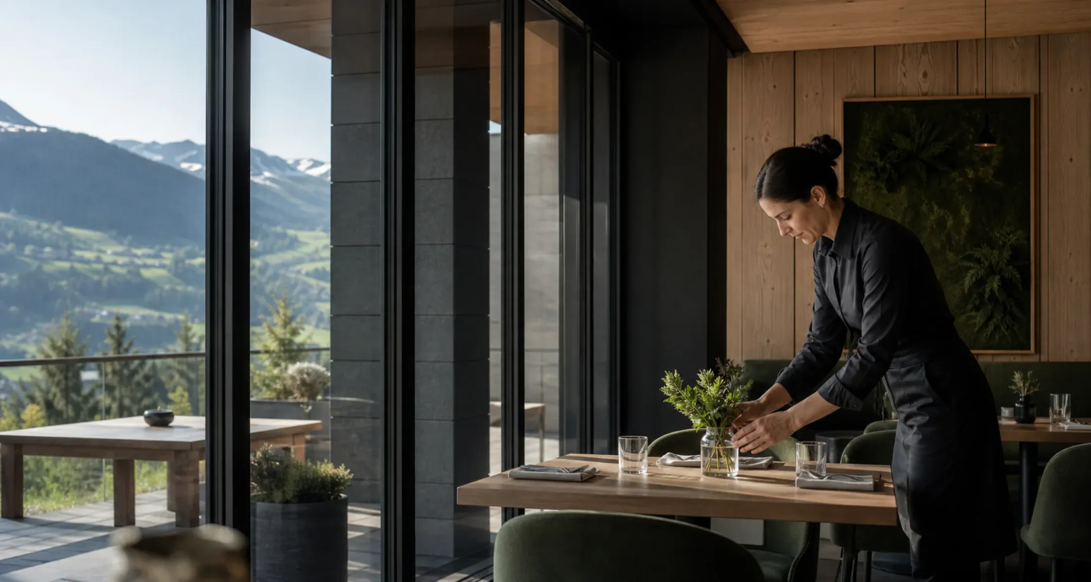 Gastgeberin bereitet in einem Schweizer Boutiquehotel einen Tisch mit Bergblick vor