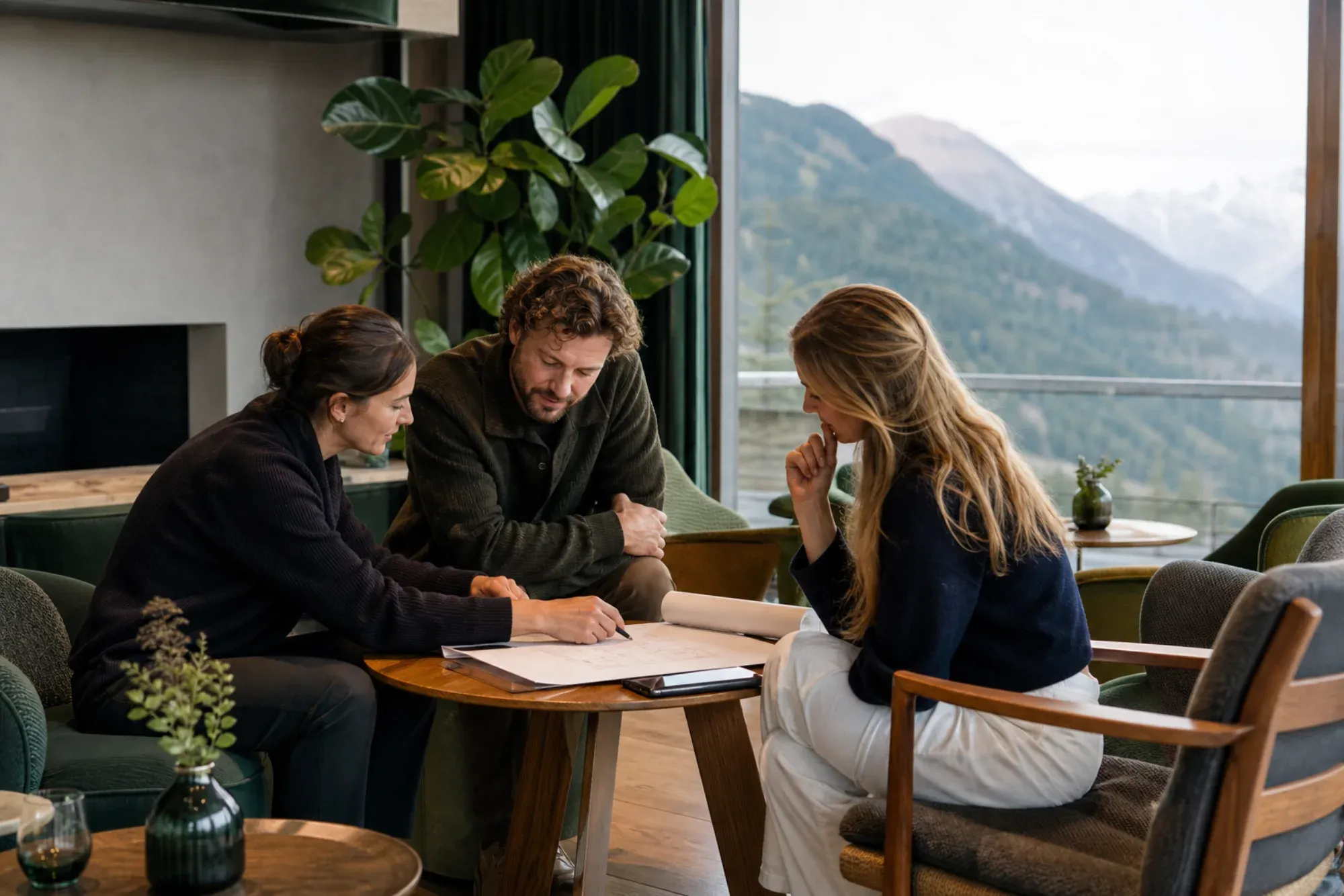 Drei Personen planen gemeinsam ein Hospitality-Format in einer Hotellounge mit Bergblick